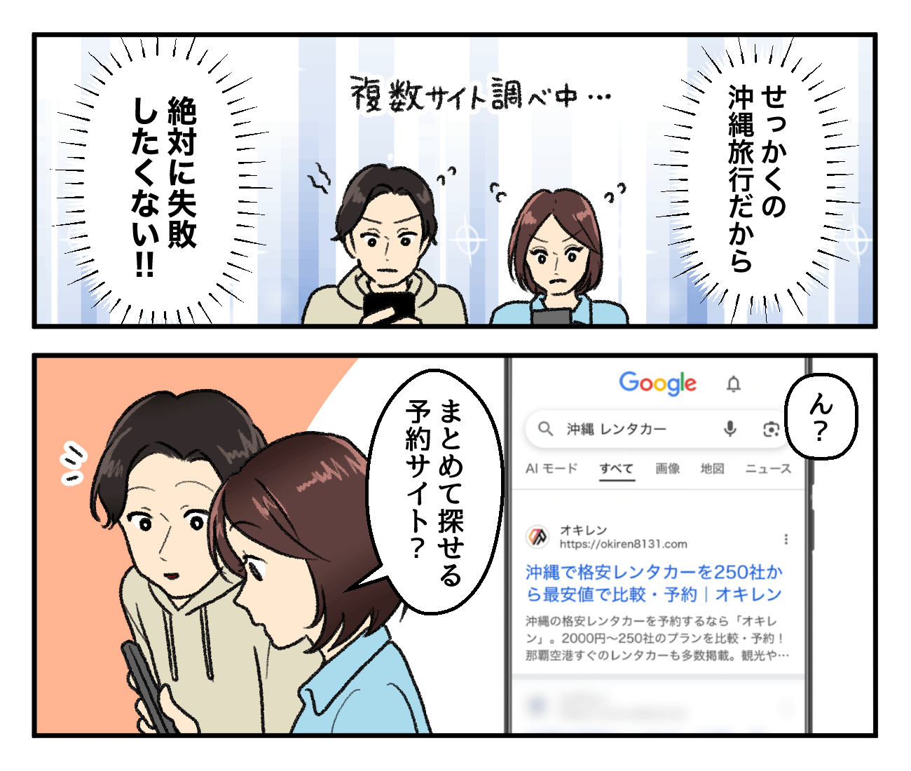 せっかくの沖縄旅行を失敗させたくないと必死に複数サイトを調べる中で、多数の会社をまとめて比較・予約できる便利な検索サイト「オキレン」を見つけ、一筋の光が差したカップルの様子を描いた漫画です。